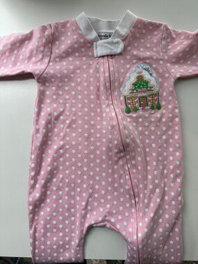 Pink Polka Dot Baby One-Piece with Gingerbread House Appliqué